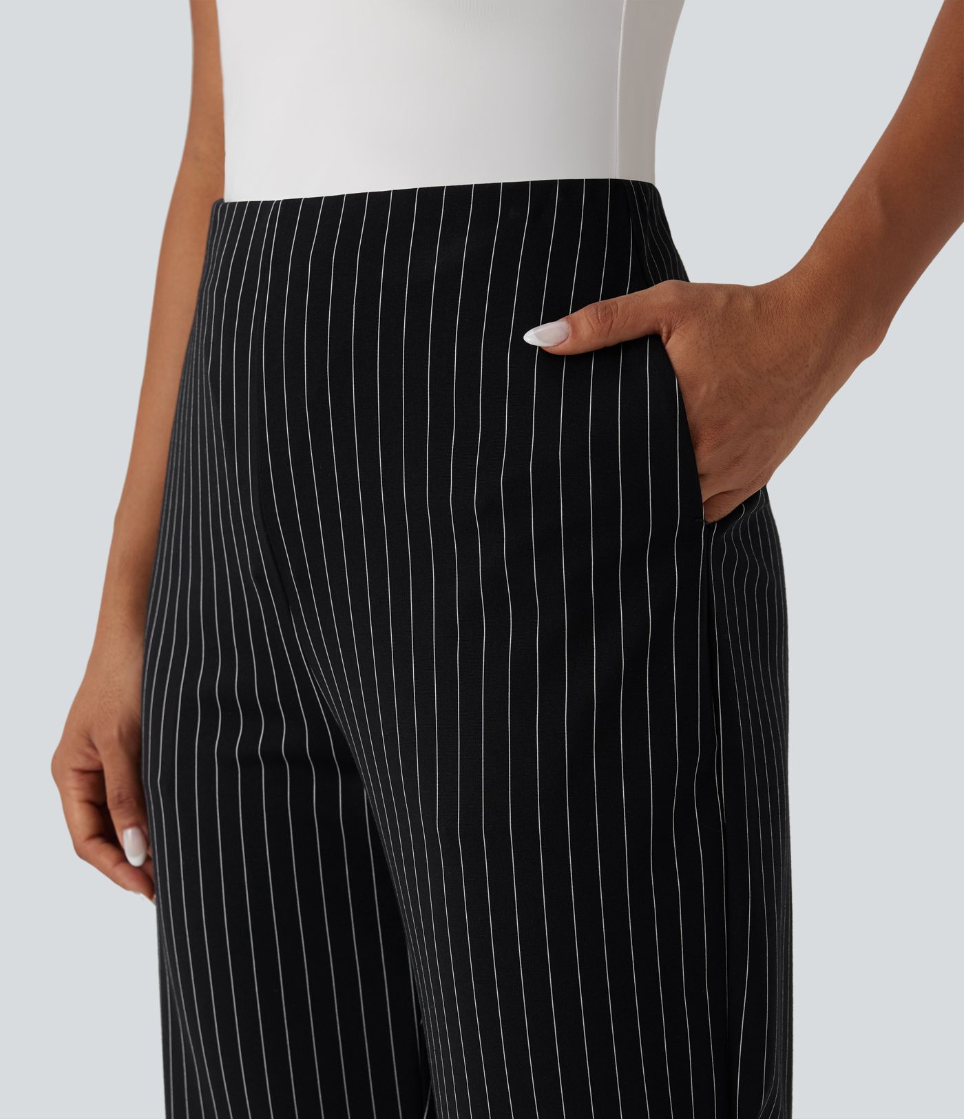 High Waisted Straight Leg Stripe Work Pants with Pockets