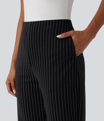 High Waisted Straight Leg Stripe Work Pants with Pockets