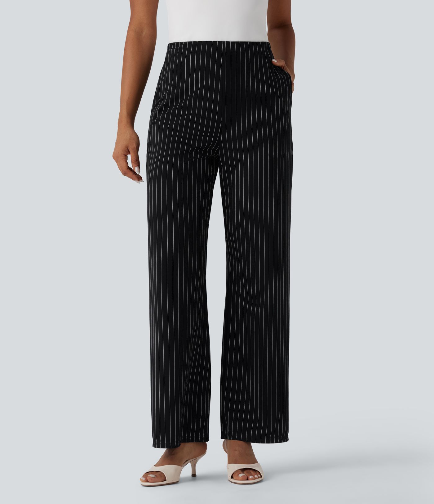 High Waisted Straight Leg Stripe Work Pants with Pockets