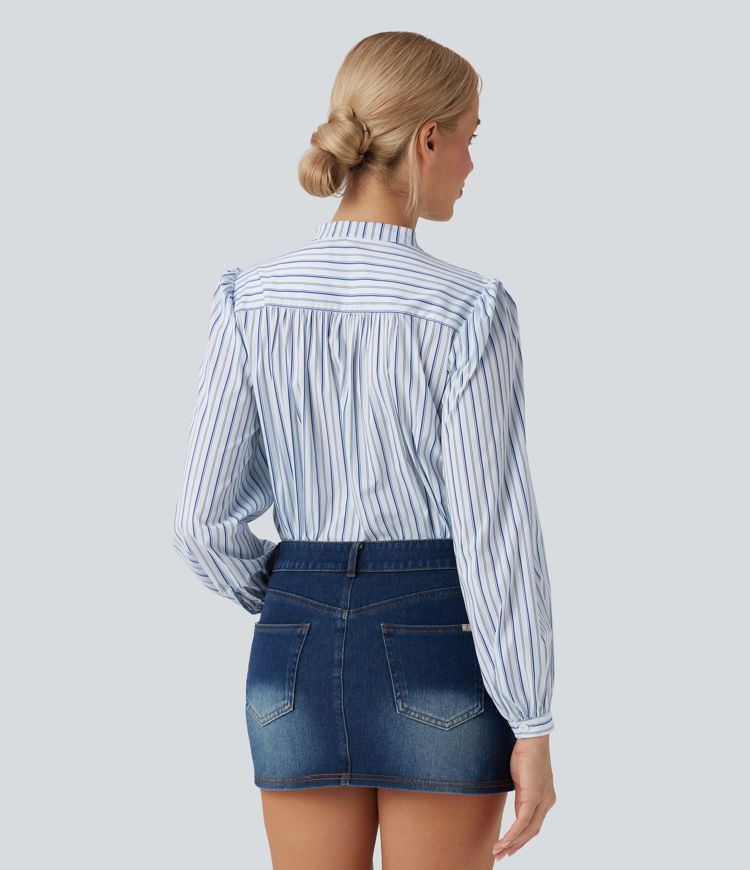 V-neck High Low Striped Print Casual Blouse