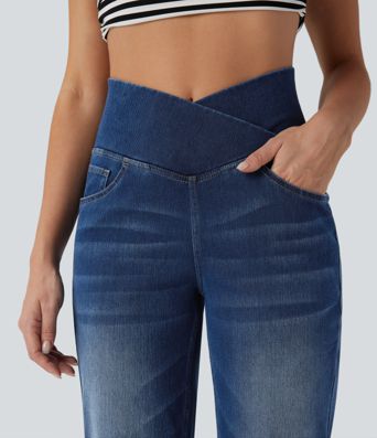 Halara Flex™ Crossover High Waisted Tummy Control Casual Straight Leg Jeans with Pockets