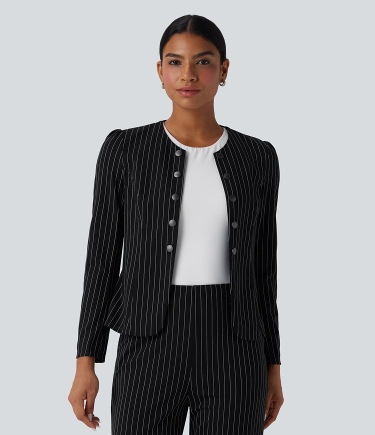 Round Neck Long Sleeve Open Front Work Blazer