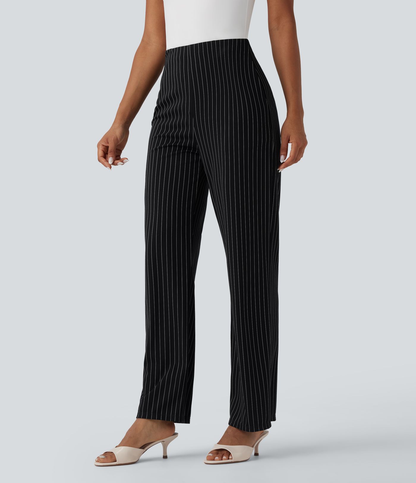 High Waisted Straight Leg Stripe Work Pants with Pockets