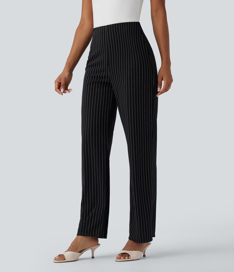 High Waisted Straight Leg Stripe Work Pants with Pockets