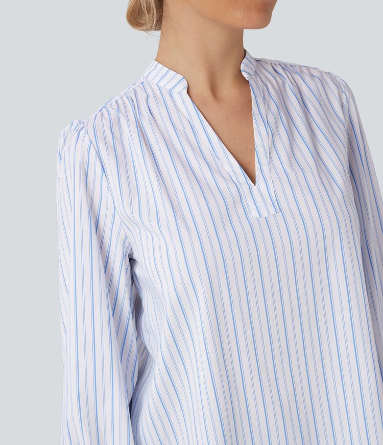 V-neck High Low Striped Print Casual Blouse