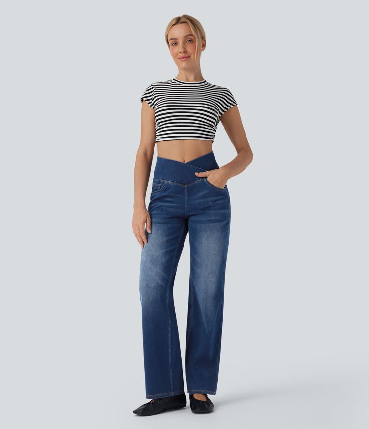 Halara Flex™ Crossover High Waisted Tummy Control Casual Straight Leg Jeans with Pockets