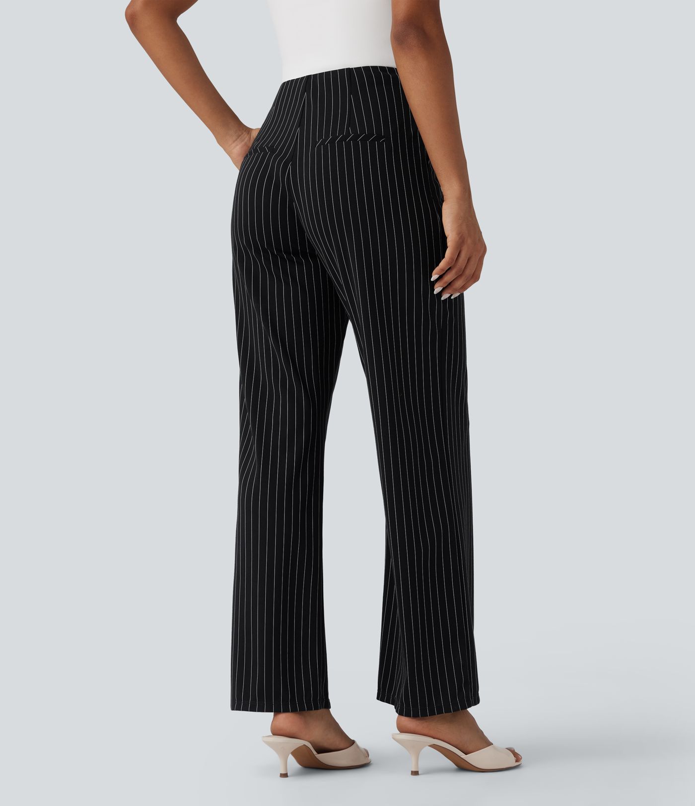 High Waisted Straight Leg Stripe Work Pants with Pockets