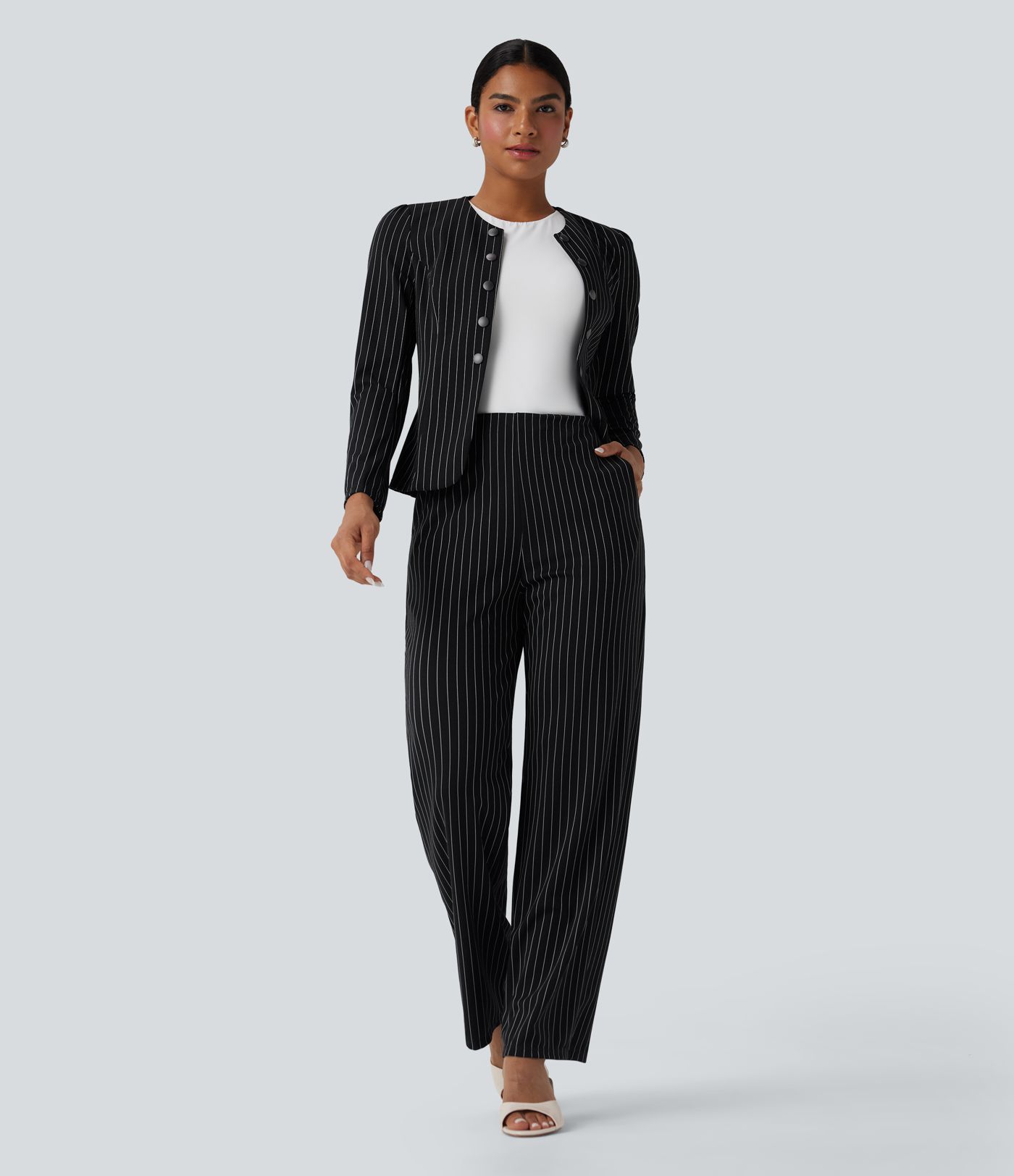 High Waisted Straight Leg Stripe Work Pants with Pockets