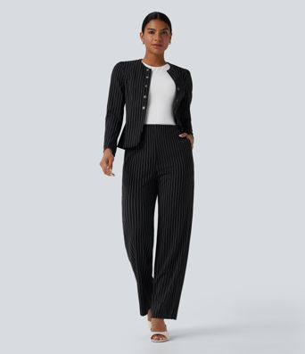 High Waisted Straight Leg Stripe Work Pants with Pockets