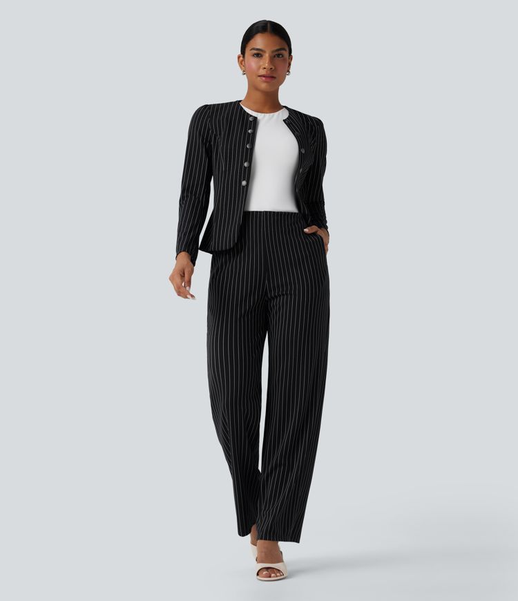 High Waisted Straight Leg Stripe Work Pants with Pockets