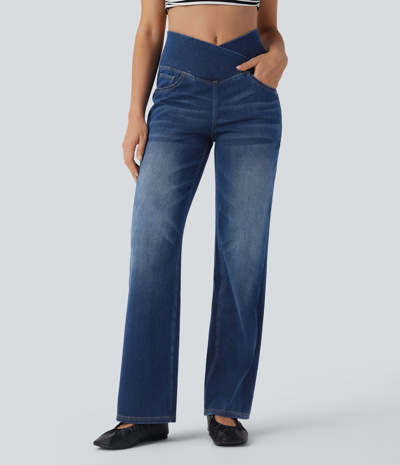 Halara Flex™ Crossover High Waisted Tummy Control Casual Straight Leg Jeans with Pockets