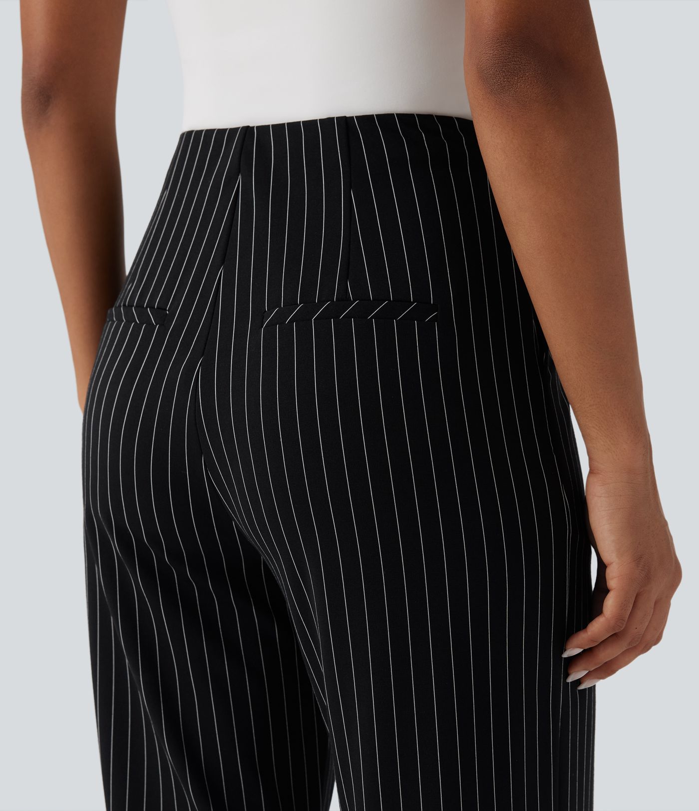 High Waisted Straight Leg Stripe Work Pants with Pockets