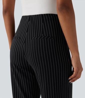 High Waisted Straight Leg Stripe Work Pants with Pockets
