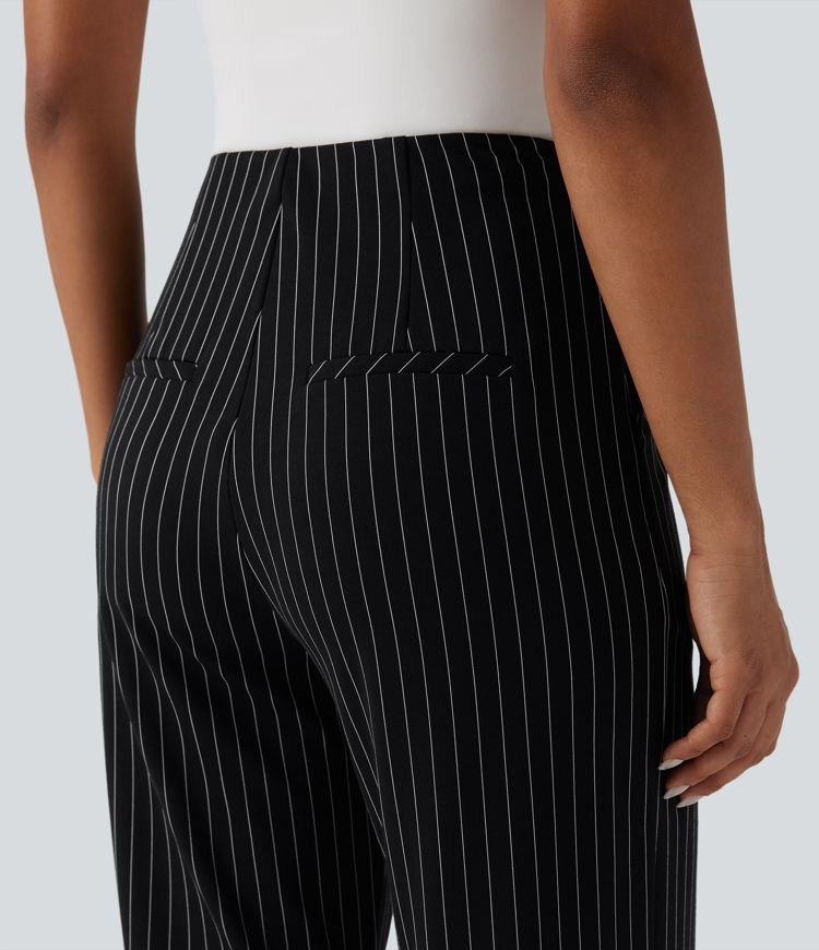 High Waisted Straight Leg Stripe Work Pants with Pockets