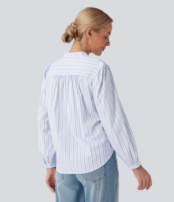 Lässige Bluse mit V-Ausschnitt und Hoch-Tief-Streifenmuster