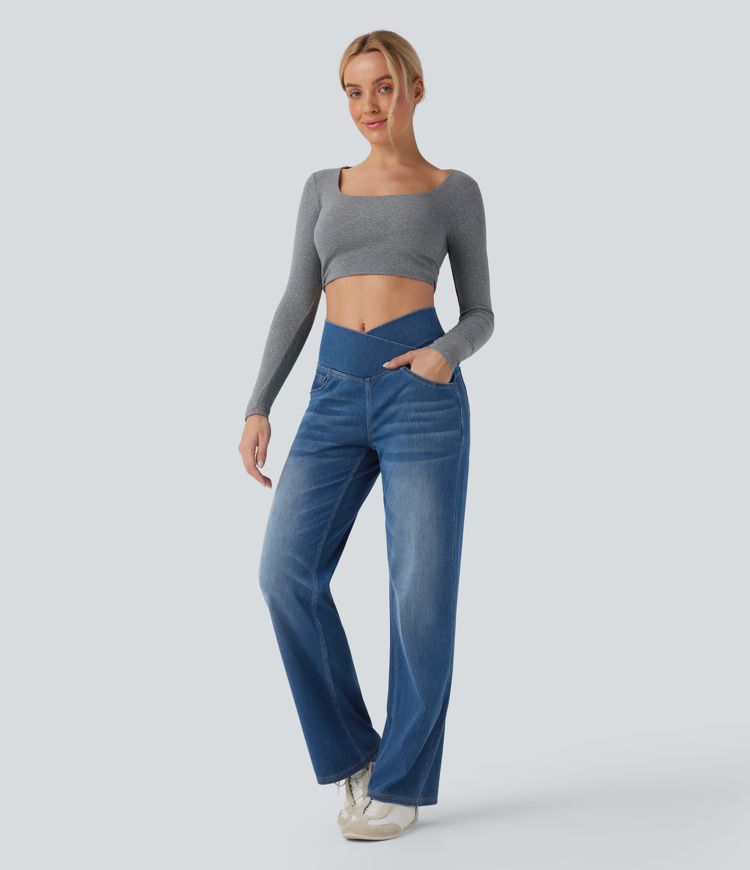 Halara Flex™ Crossover High Waisted Tummy Control Casual Straight Leg Jeans with Pockets