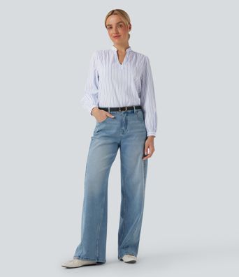 Lässige Bluse mit V-Ausschnitt und Hoch-Tief-Streifenmuster