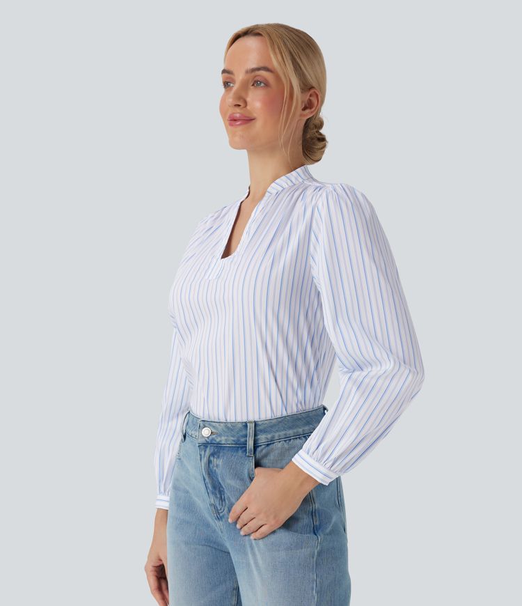 V-neck High Low Striped Print Casual Blouse