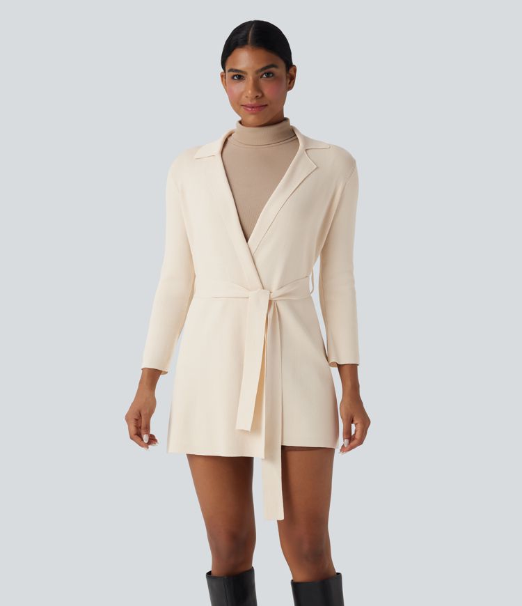 Notched Collar Long Sleeve Belted Work Cardigan