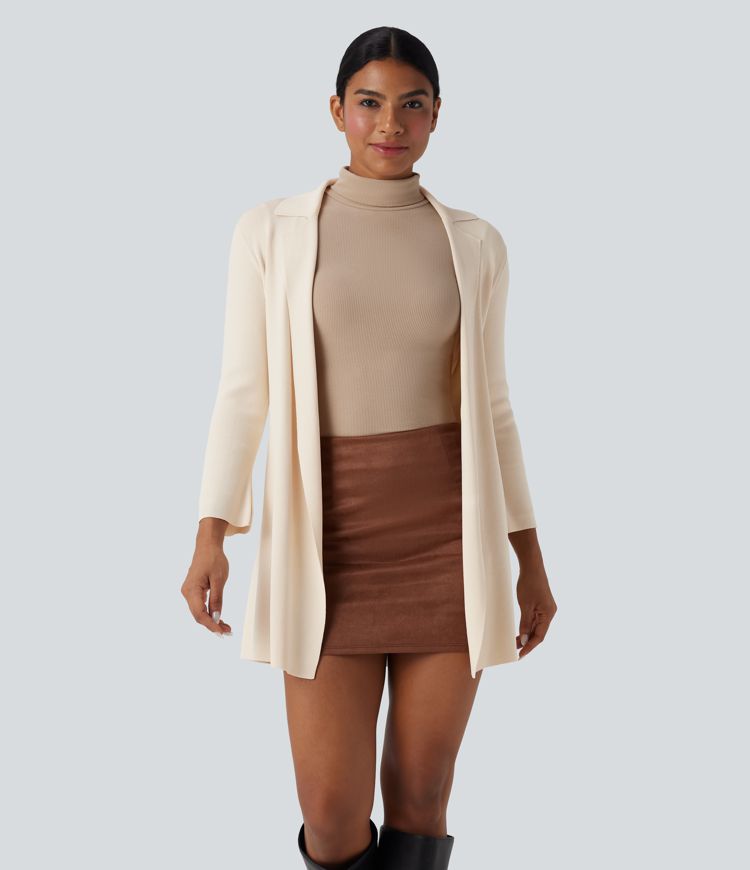 Notched Collar Long Sleeve Belted Work Cardigan