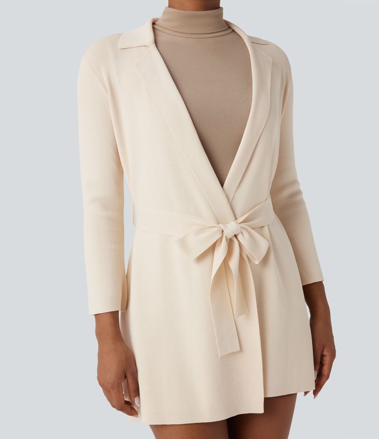 Notched Collar Long Sleeve Belted Work Cardigan