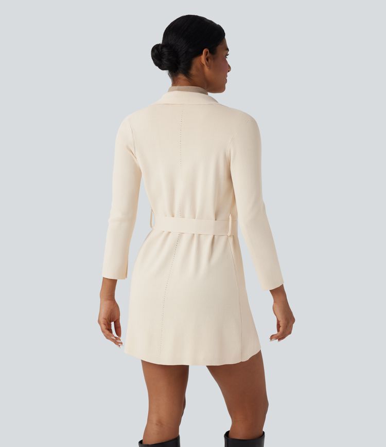 Notched Collar Long Sleeve Belted Work Cardigan