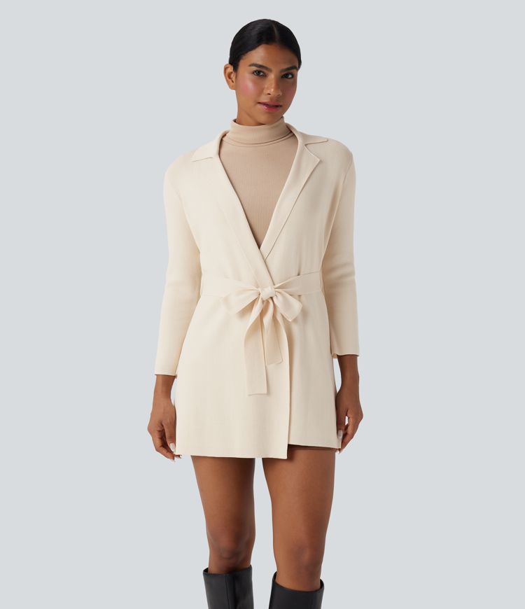 Notched Collar Long Sleeve Belted Work Cardigan