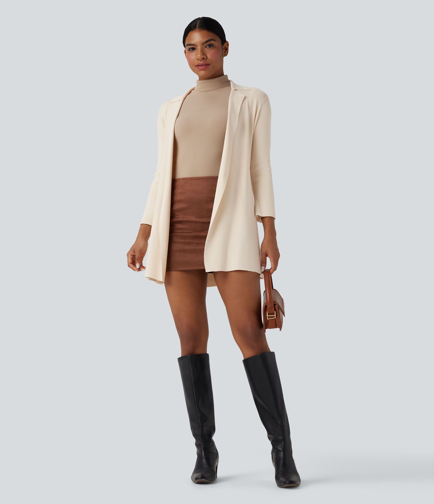 Cardigan de Travail Long à Col Cranté avec Ceinture