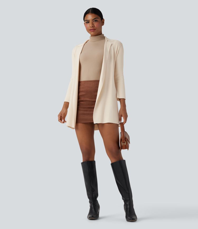 Notched Collar Long Sleeve Belted Work Cardigan