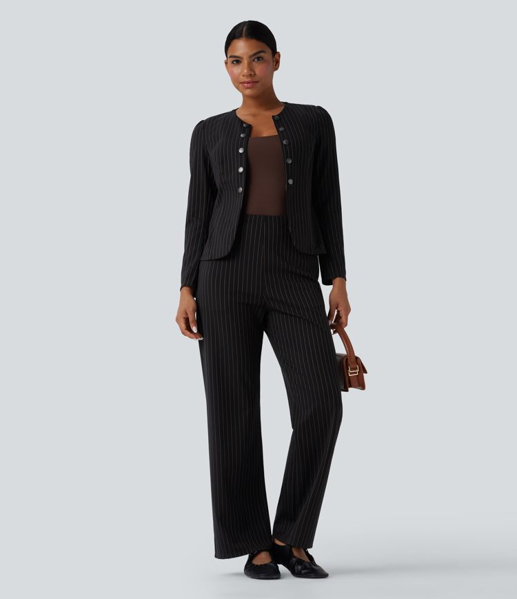 Blazer de oficina con cuello redondo de manga larga y parte delantera abierta