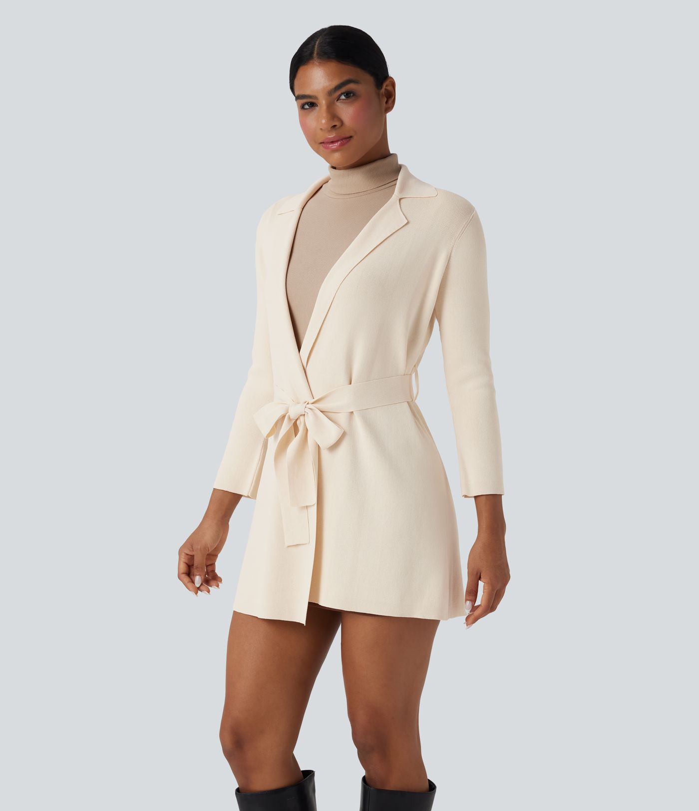 Cardigan de Travail Long à Col Cranté avec Ceinture