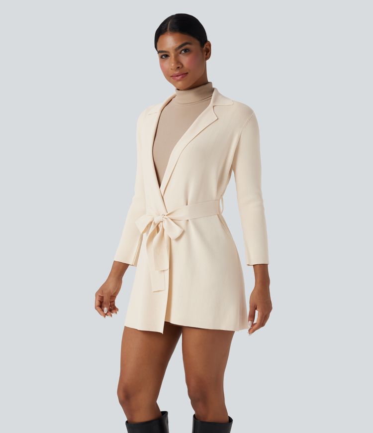 Notched Collar Long Sleeve Belted Work Cardigan