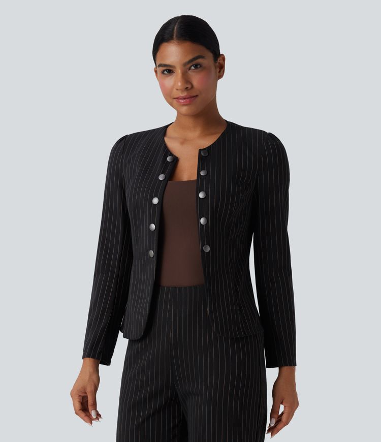 Round Neck Long Sleeve Open Front Work Blazer