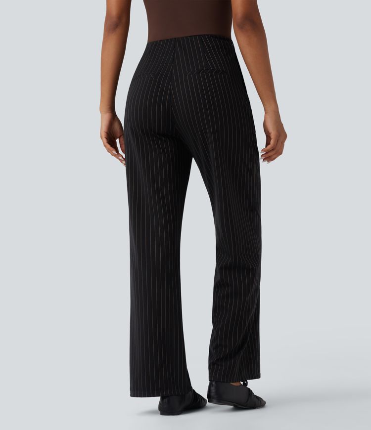 High Waisted Straight Leg Stripe Work Pants with Pockets