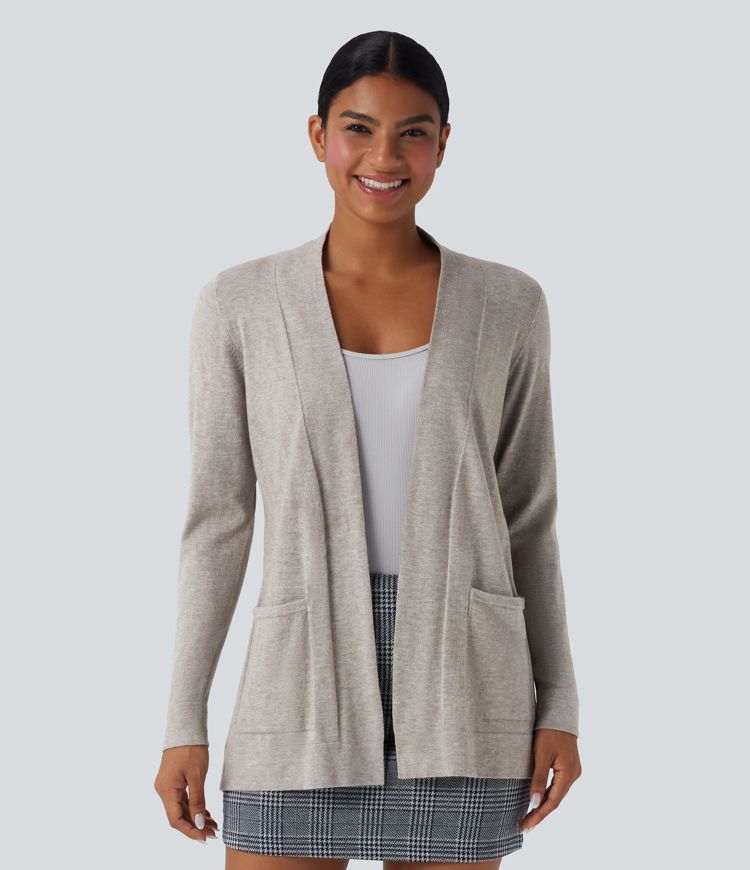 Long Sleeve Open Front Work Cardigan with Pockets