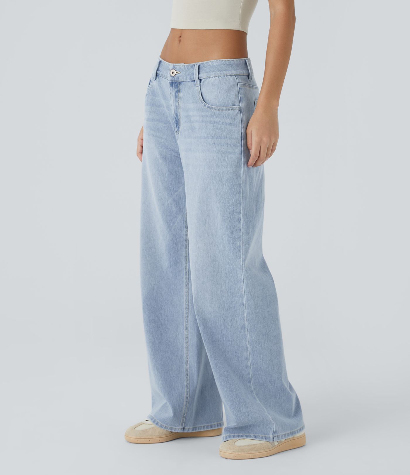 Halara Flex™ Alacsony derekú, cipzáras zsebes, mosott, bő szárú alkalmi farmer