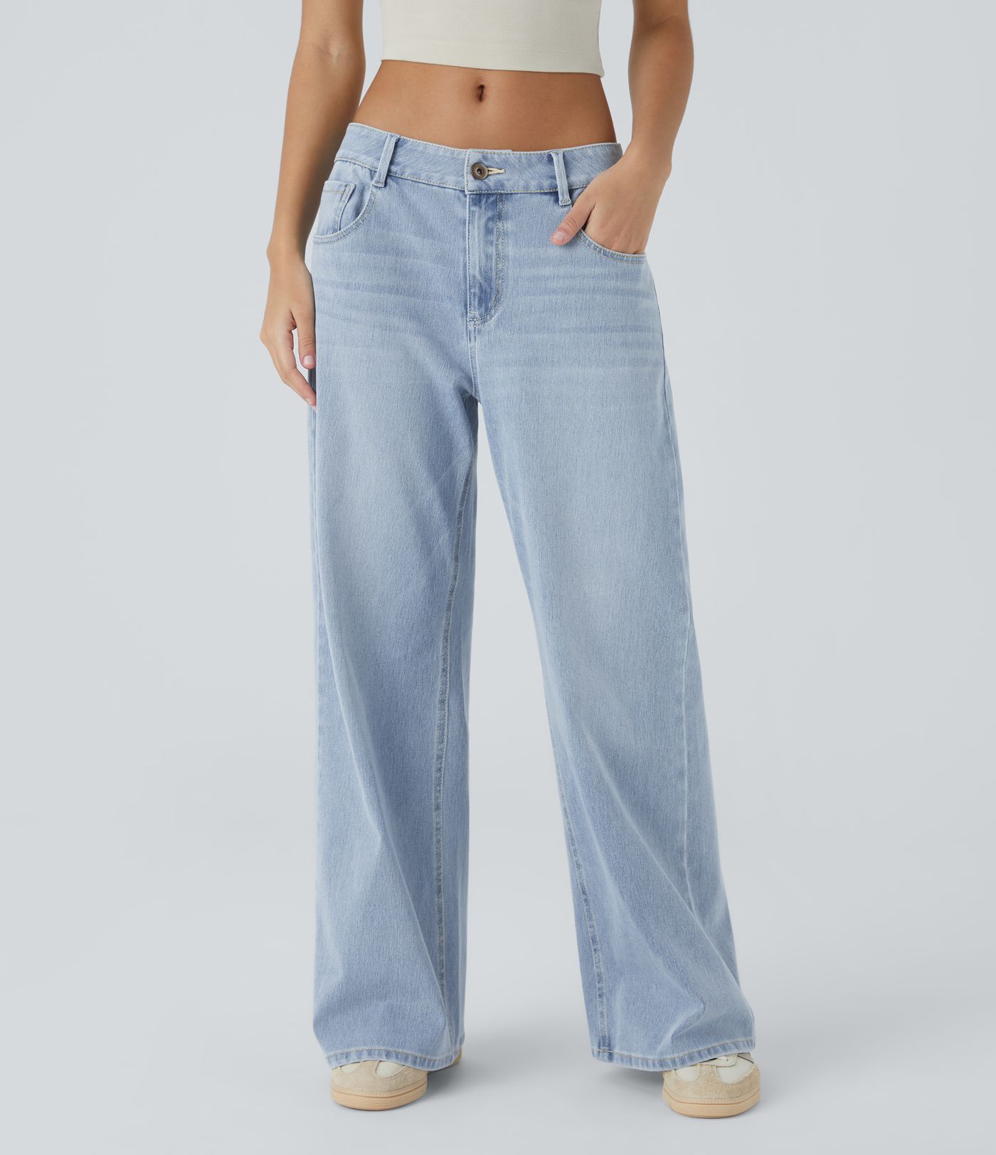 Halara Flex™ Alacsony derekú, cipzáras zsebes, mosott, bő szárú alkalmi farmer