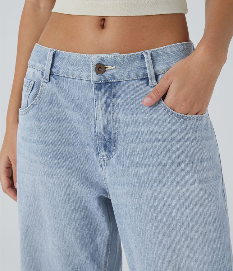 Halara Flex™ Alacsony derekú, cipzáras zsebes, mosott, bő szárú alkalmi farmer