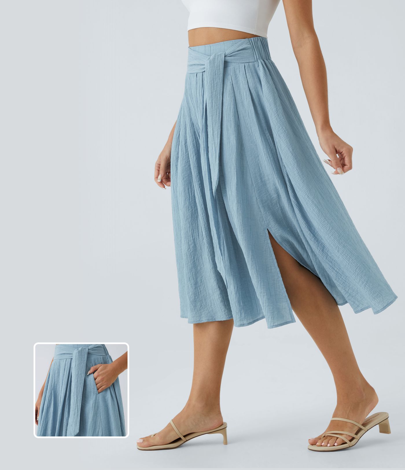 Falda midi casual fluida con abertura en el bolsillo lateral con cordones de talle alto