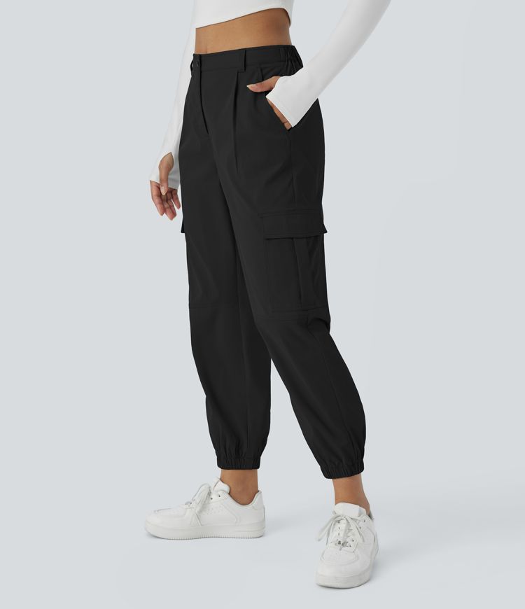 Casual cargo jogging pants with mid-rise waist, button closure, and multiple pockets