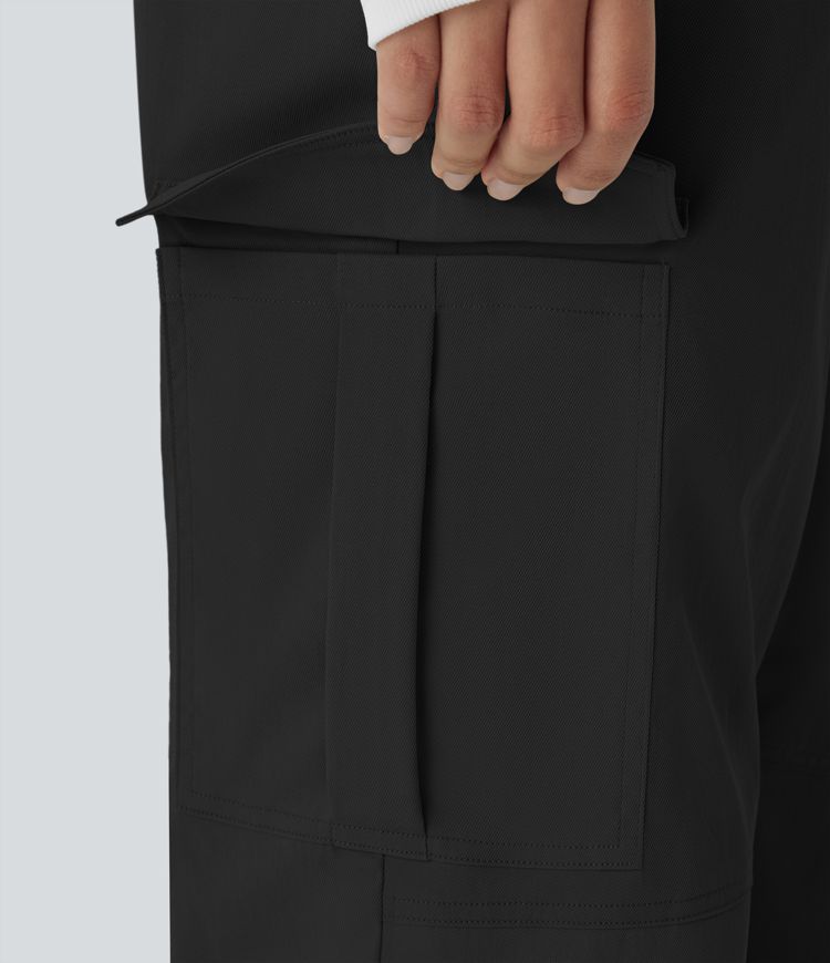 Casual cargo jogging pants with mid-rise waist, button closure, and multiple pockets