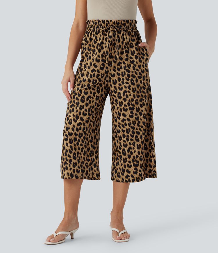 High Waisted Drawstring Leopard Print Wide Leg Capri Casual Trousers with Side Pockets