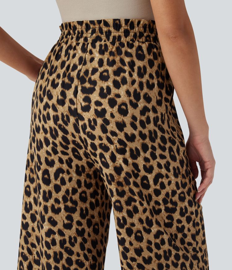 Pantalones capri casuales de pierna ancha con cintura alta, cordón y estampado de leopardo con bolsillos