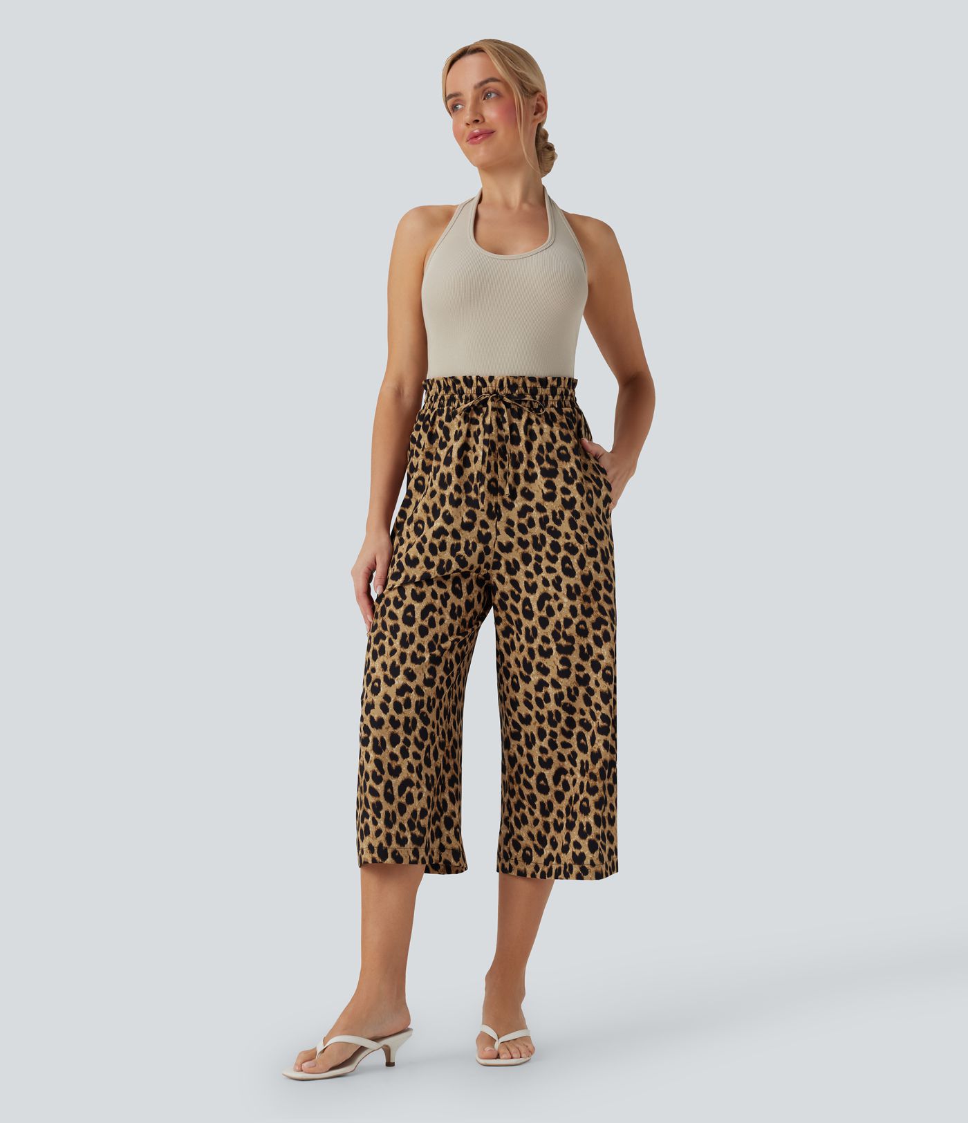 Pantalones capri casuales de pierna ancha con cintura alta, cordón y estampado de leopardo con bolsillos