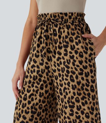Pantalones capri casuales de pierna ancha con cintura alta, cordón y estampado de leopardo con bolsillos