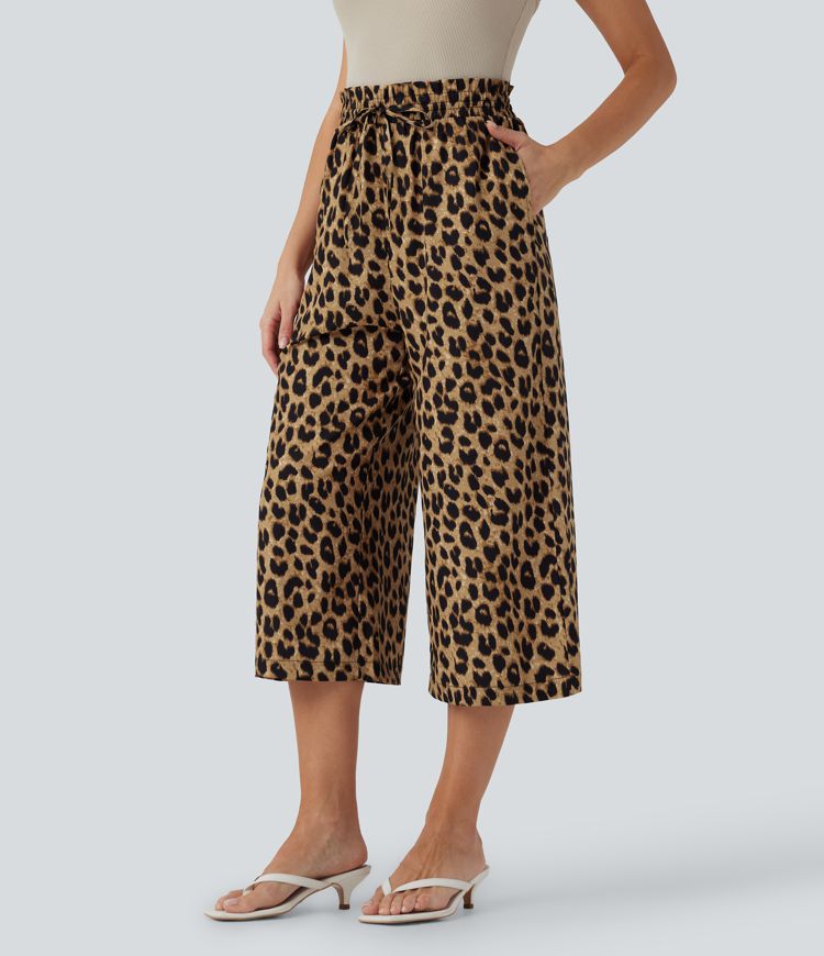 Pantalones capri casuales de pierna ancha con cintura alta, cordón y estampado de leopardo con bolsillos
