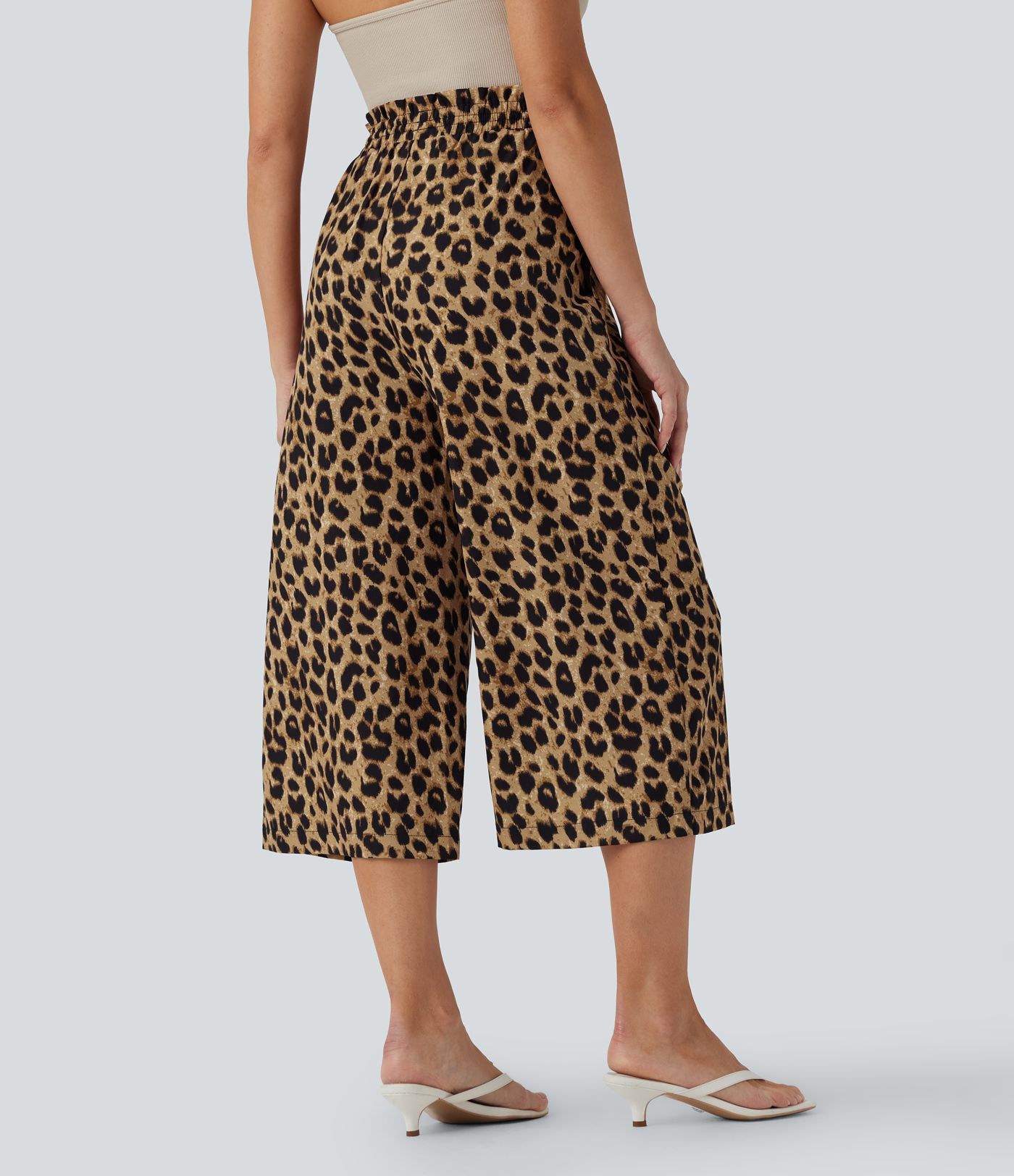 Pantalones capri casuales de pierna ancha con cintura alta, cordón y estampado de leopardo con bolsillos