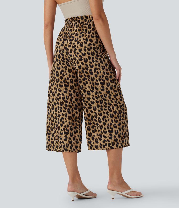 Pantalones capri casuales de pierna ancha con cintura alta, cordón y estampado de leopardo con bolsillos