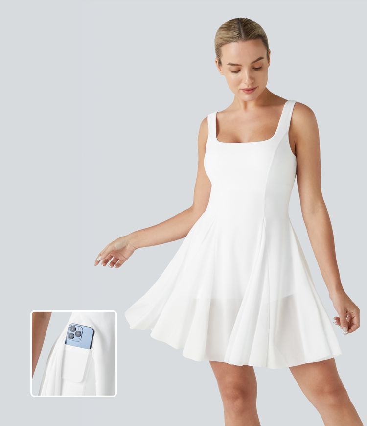 SoftlyZero™ Airy Square Neck Contrast Mesh 2-in-1 Pocket Cool Touch Flare Mini Active Dress