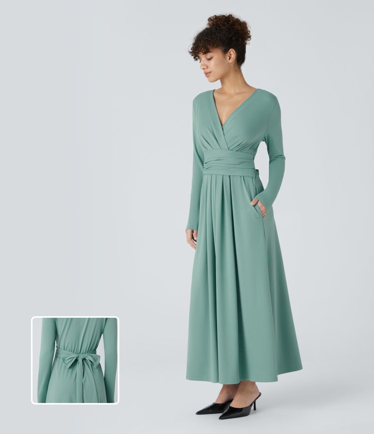 V Neck Long Sleeve Pocket Tie Back Casual Dress